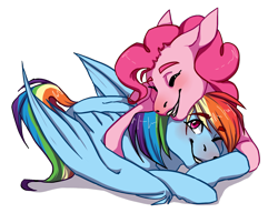 Size: 1300x1000 | Tagged: safe, artist:fluffyrainbowsheep, derpibooru import, pinkie pie, rainbow dash, earth pony, pegasus, pony, cuddling, cute, dashabetes, diapinkes, eyes closed, female, lesbian, mare, one eye closed, open mouth, pinkiedash, shipping, simple background, smiling, snuggling, transparent background