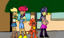 Size: 854x512 | Tagged: safe, artist:klonoahedgehog, apple bloom, applejack, twilight sparkle, digimon, humanized