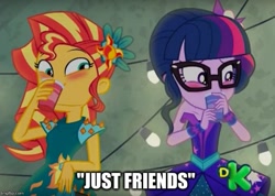 Size: 701x500 | Tagged: safe, edit, edited screencap, screencap, sci-twi, sunset shimmer, twilight sparkle, equestria girls, legend of everfree, blushing, caption, discovery kids, out of context