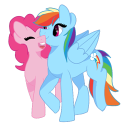 Size: 600x600 | Tagged: safe, artist:peachiebuns, derpibooru import, pinkie pie, rainbow dash, earth pony, pegasus, pony, eyes closed, female, lesbian, mare, open mouth, pinkie pie is amused, pinkiedash, shipping, simple background, smiling, transparent background