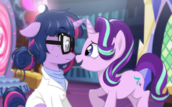 Size: 900x560 | Tagged: safe, artist:ta-na, sci-twi, starlight glimmer, twilight sparkle, pony, unicorn, equestria girls, clothes, equestria girls ponified, friendshipping, glasses, lab coat, magic mirror, mirror, nervous, open mouth, ponified, raised hoof, sitting, twilight's castle