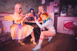 Size: 3199x2133 | Tagged: safe, artist:lexcosplay, artist:lexi-farron-strife, artist:lynah, artist:quineapple, derpibooru import, applejack, fluttershy, rainbow dash, twilight sparkle, human, belly button, cosplay, irl, irl human, midriff, photo