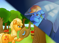 Size: 2200x1600 | Tagged: safe, artist:sagwamat, derpibooru import, applejack, rainbow dash, earth pony, pegasus, pony, apple, apple tree, appledash, appledashery, bed, cowboy hat, crying, fanfic, fanfic art, feather, female, floppy ears, food, hat, lesbian, mare, multicolored hair, shipping, smiling, stetson, tree