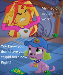 Size: 612x724 | Tagged: safe, edit, edited screencap, screencap, spike, spike the regular dog, sunset shimmer, dog, equestria girls, legend of everfree, discovery kids