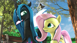 Size: 3840x2160 | Tagged: safe, artist:whiteskyline, fluttershy, queen chrysalis, changeling, changeling queen, pegasus, pony, 3d, bench, chrysashy, female, heart, holiday, lesbian, looking at each other, park, shipping, source filmmaker, valentine's day