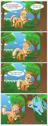 Size: 1200x3157 | Tagged: safe, artist:fidzfox, derpibooru import, applejack, rainbow dash, earth pony, pegasus, pony, apple, appledash, blushing, chlorokynesis, comic, earth pony magic, female, food, innuendo, lesbian, mare, rainbow power, shipping, tailboner, zap apple