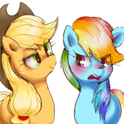 Size: 540x540 | Tagged: safe, artist:sagwamat, derpibooru import, applejack, rainbow dash, earth pony, pegasus, pony, appledash, blushing, female, lesbian, mare, shipping, simple background, white background