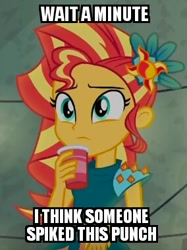 Size: 284x380 | Tagged: safe, edit, edited screencap, screencap, sunset shimmer, equestria girls, legend of everfree, caption, cropped, drink, image macro, meme, solo