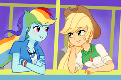 Size: 2490x1651 | Tagged: safe, artist:sagwamat, derpibooru import, applejack, rainbow dash, eqg summertime shorts, equestria girls, get the show on the road, clothes, cowboy hat, hat, looking at each other, multicolored hair, scene interpretation, smiling, stetson