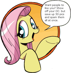 Size: 421x431 | Tagged: safe, fluttershy, oc, pegasus, pony, bad advice fluttershy, blue eyes, dialogue, exploitable meme, female, mare, meme, open mouth, pink mane, raised hoof, raised leg, simple background, smiling, solo, speech bubble, talking to viewer, text, underhoof, yellow coat