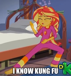 Size: 500x537 | Tagged: safe, edit, edited screencap, screencap, sunset shimmer, equestria girls, legend of everfree, barefoot, bed, caption, clothes, cropped, discovery kids, drool, feet, image macro, kung fu fighter, kung fu shimmer, legend of everfeet, meme, pajamas, solo, sunset's sleepfighting, the matrix