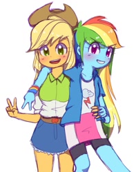 Size: 1007x1280 | Tagged: safe, artist:sagwamat, derpibooru import, applejack, rainbow dash, equestria girls, appledash, blushing, clothes, cowboy hat, duo, female, hat, lesbian, looking at you, peace sign, shipping, simple background, smiling, stetson, white background