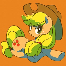 Size: 1200x1200 | Tagged: safe, artist:wasu, applejack, earth pony, pony, cute, female, jackabetes, looking at you, mare, orange background, pixiv, prone, simple background, solo