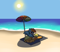 Size: 2000x1738 | Tagged: safe, artist:neuro, derpibooru import, applejack, rainbow dash, earth pony, pegasus, pony, appledash, beach, beach umbrella, blushing, eyes closed, female, lesbian, mare, ocean, shipping, spread wings, sunscreen, umbrella, wings