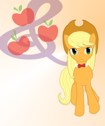 Size: 1000x1200 | Tagged: artist needed, source needed, safe, applejack, octavia melody, earth pony, pony, alternate hairstyle, applejack's hat, blonde, blonde mane, blonde tail, bowtie, cutie mark, female, gradient background, green eyes, looking at you, loose hair, mare, orange coat, solo