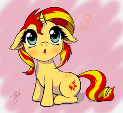 Size: 800x739 | Tagged: safe, artist:zetamad, sunset shimmer, pony, unicorn, cute, female, filly, filly sunset shimmer, floppy ears, open mouth, question mark, shimmerbetes, solo, surprised