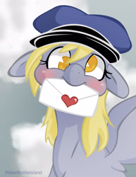 Size: 2550x3300 | Tagged: safe, artist:waterbottleisland, derpy hooves, pegasus, pony, blushing, cap, colored pupils, cute, derpabetes, envelope, female, floppy ears, hat, letter, love letters, mail, mailpony, mare, mouth hold, smiling, solo