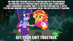 Size: 880x500 | Tagged: safe, edit, edited screencap, screencap, sci-twi, sunset shimmer, twilight sparkle, equestria girls, legend of everfree, discovery kids, meme, rick and morty, vulgar