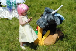 Size: 1280x857 | Tagged: safe, discord, fluttershy, human, colossalcon, convention, cosplay, fursuit, irl, irl human, photo