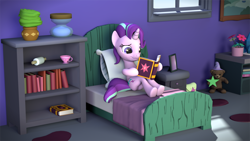 Size: 1920x1080 | Tagged: safe, artist:tehwatever, starlight glimmer, pony, unicorn, fame and misfortune, 3d, anatomically incorrect, bed, book, cup, female, friendship journal, gmod, hoof hold, incorrect leg anatomy, mare, pillow, reading, sitting, solo, starlight's room, teacup