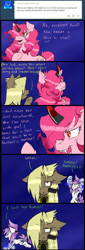 Size: 521x1532 | Tagged: safe, artist:ichibangravity, king sombra, pinkie pie, oc, earth pony, pony, unicorn, ask king sombra pie, possessed, rae mix, triste savoir, tumblr