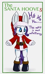 Size: 800x1300 | Tagged: safe, artist:heir-of-rick, rarity, pony, semi-anthro, unicorn, :o, boots, both cutie marks, christmas, clothes, dialogue, hat, holiday, impossibly large ears, open mouth, parody, santa costume, santa hat, solo, the santa clause