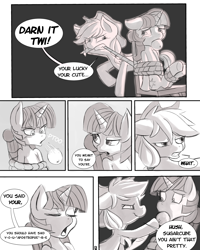 Size: 2800x3500 | Tagged: safe, artist:fauxsquared, applejack, twilight sparkle, earth pony, pony, unicorn, applejack's hat, bondage, chair, comic, cowboy hat, crying, dialogue, eyes closed, female, floppy ears, fourth wall, gag, glare, grammar error, grammar nazi, gritted teeth, hat, hoof hold, lesbian, mare, mouth hold, open mouth, orange, pedantry, raised eyebrow, rope, shipping, sitting, smirk, speech bubble, tied up, twijack, underhoof, wide eyes, you're