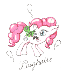 Size: 900x956 | Tagged: safe, artist:goomzz, gummy, pinkie pie, earth pony, pony, moustache, text, traditional art