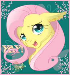 Size: 753x800 | Tagged: safe, artist:unisoleil, fluttershy, pegasus, pony, bust, ear fluff, female, mare, portrait, signature, solo, yay