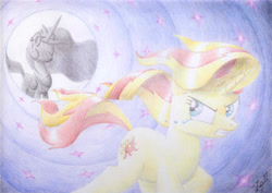 Size: 4665x3295 | Tagged: safe, artist:xeviousgreenii, princess celestia, sunset shimmer, alicorn, pony, traditional art