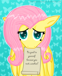 Size: 900x1099 | Tagged: safe, artist:despisedandbeloved, fluttershy, pegasus, pony, cute, hoers, motivational, mouth hold, sad, solo