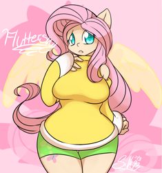 Size: 930x991 | Tagged: safe, artist:moneychan, fluttershy, breasts, clothes, eared humanization, female, hootershy, humanized, solo, sweater, sweatershy, tailed humanization, winged humanization