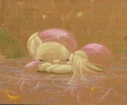 Size: 861x717 | Tagged: safe, artist:getchanoodlewet, fluttershy, fish, pegasus, pony, sleeping, solo, traditional art, water