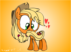 Size: 611x449 | Tagged: safe, artist:mushroomcookiebear, applejack, earth pony, pony, cute, nom, tail bite