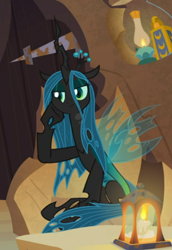 Size: 462x673 | Tagged: safe, screencap, queen chrysalis, changeling, changeling queen, the summer sun setback, bored, cheek squish, cropped, sitting, solo, squishy cheeks