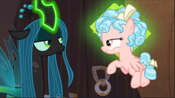 Size: 1668x942 | Tagged: safe, screencap, cozy glow, queen chrysalis, changeling, changeling queen, pegasus, pony, the summer sun setback, cropped, duo, glowing horn, horn, lidded eyes, looking at each other, smug
