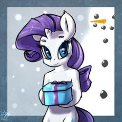 Size: 900x900 | Tagged: safe, artist:lizzyoli-ravioli, rarity, pony, unicorn, bipedal, present, solo