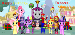 Size: 1630x775 | Tagged: safe, artist:mario-mcfly, amethyst star, derpy hooves, dinky hooves, fluttershy, pinkie pie, pipsqueak, sparkler, sunset shimmer, twilight sparkle, twilight sparkle (alicorn), alicorn, pony, equestria girls, 3d, hat, human ponidox, lady (thomas and the magic railroad), mario, mmd, party hat, rebecca shoichet, self ponidox, thomas and the magic railroad, voice actor joke