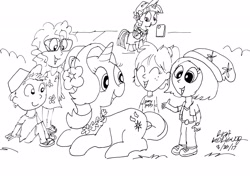Size: 2592x1944 | Tagged: safe, artist:newportmuse, starlight glimmer, twilight sparkle, twilight sparkle (alicorn), alicorn, human, pony, unicorn, beanie, chatting, clothes, flowernecklace, hat, hawaii, hawaiian flower in hair, monochrome, sitting, traditional art
