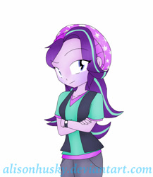 Size: 946x1091 | Tagged: safe, artist:alisonhusky, starlight glimmer, equestria girls, beanie, crossed arms, hat, looking at you, no more ponies at source, simple background, solo, watch, watermark, white background