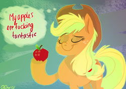 Size: 1800x1273 | Tagged: safe, artist:graystripe64, applejack, earth pony, pony, apple, confident as shit, eyes closed, obligatory apple, smug, solo, vulgar