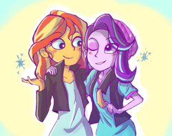 Size: 1880x1486 | Tagged: safe, artist:lucifer-dog-fish, starlight glimmer, sunset shimmer, equestria girls, beanie, blushing, duo, female, hat, holding hands, lesbian, looking at each other, one eye closed, shimmerglimmer, shipping, smiling, wink