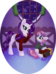 Size: 800x1050 | Tagged: safe, artist:rizcifra, rarity, sweetie belle, pony, unicorn, clothes, duo, present, sisters, snow, snowfall, sweater