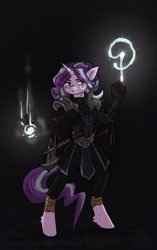 Size: 979x1560 | Tagged: safe, artist:koviry, starlight glimmer, anthro, unguligrade anthro, unicorn, alternate hairstyle, armor, clothes, female, magic, mare, solo, weapon