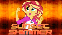 Size: 1920x1080 | Tagged: safe, sunset shimmer, equestria girls, legend of everfree, clothes, fist, open mouth, shorts, solo, text, vector, wallpaper