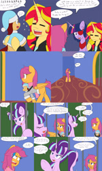 Size: 2400x4000 | Tagged: safe, artist:jake heritagu, scootaloo, starlight glimmer, sunset shimmer, twilight sparkle, twilight sparkle (alicorn), oc, oc:lightning blitz, alicorn, pegasus, pony, comic:ask motherly scootaloo, equestria girls, baby, baby carrier, baby pony, bars, cell, clothes, coat, colt, comic, dialogue, eyepatch, female, hairpin, hat, holding a pony, horn ring, magic suppression, male, mother and child, mother and son, motherly scootaloo, no you, offspring, older, older scootaloo, parent and child, parent:rain catcher, parent:scootaloo, parents:catcherloo, ring, scarf, smug, smuglight glimmer, speech bubble, sweater, sweatshirt, wedding ring