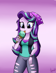 Size: 850x1100 | Tagged: safe, artist:queentigrel, starlight glimmer, equestria girls, mirror magic, spoiler:eqg specials, beanie, breasts, clothes, cute, female, food, glimmerbetes, gradient background, hat, ice cream, licking, pants, shirt, solo, tongue out, vest