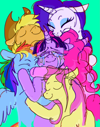 Size: 927x1176 | Tagged: dead source, safe, artist:starstation, derpibooru import, applejack, fluttershy, pinkie pie, rainbow dash, rarity, twilight sparkle, earth pony, pegasus, pony, unicorn, applejack's hat, chromatic aberration, cowboy hat, crying, eyes closed, female, green background, group hug, hat, horn, hug, love, mane six, mare, messy, purple eyes, simple background, twilove, wings