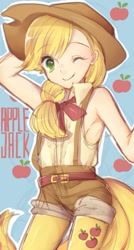 Size: 529x987 | Tagged: safe, artist:ginga, applejack, humanized, pixiv, solo, tailed humanization, wink