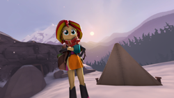 Size: 1920x1080 | Tagged: safe, artist:creatorofpony, artist:digitalblackjack, artist:jspzyhl, sunset shimmer, equestria girls, 3d, beverage, blender, boots, clothes, cup, jacket, leather jacket, scarf, skirt, snow, snowflake, solo, tent